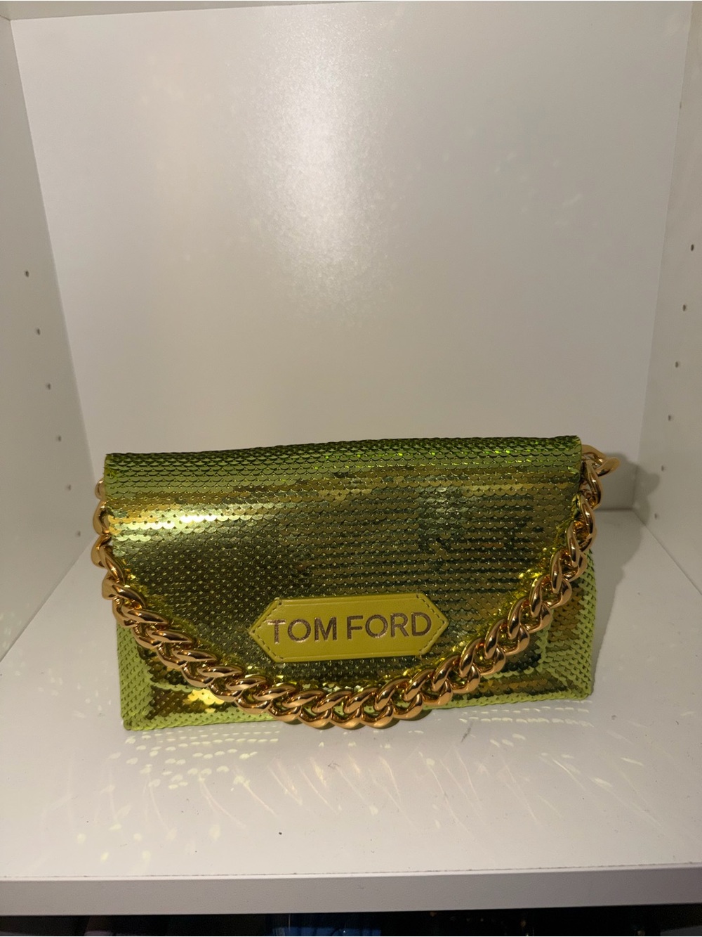 Tom Ford Green Sequin Clutch with Gold Chain